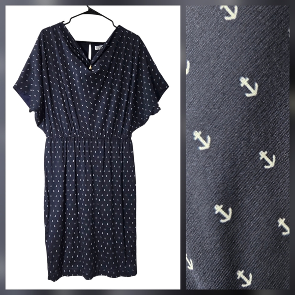 St. John Sport Navy White Anchor Print Silk Blend Dolman Lined Midi Dress Size 8 - Picture 1 of 16
